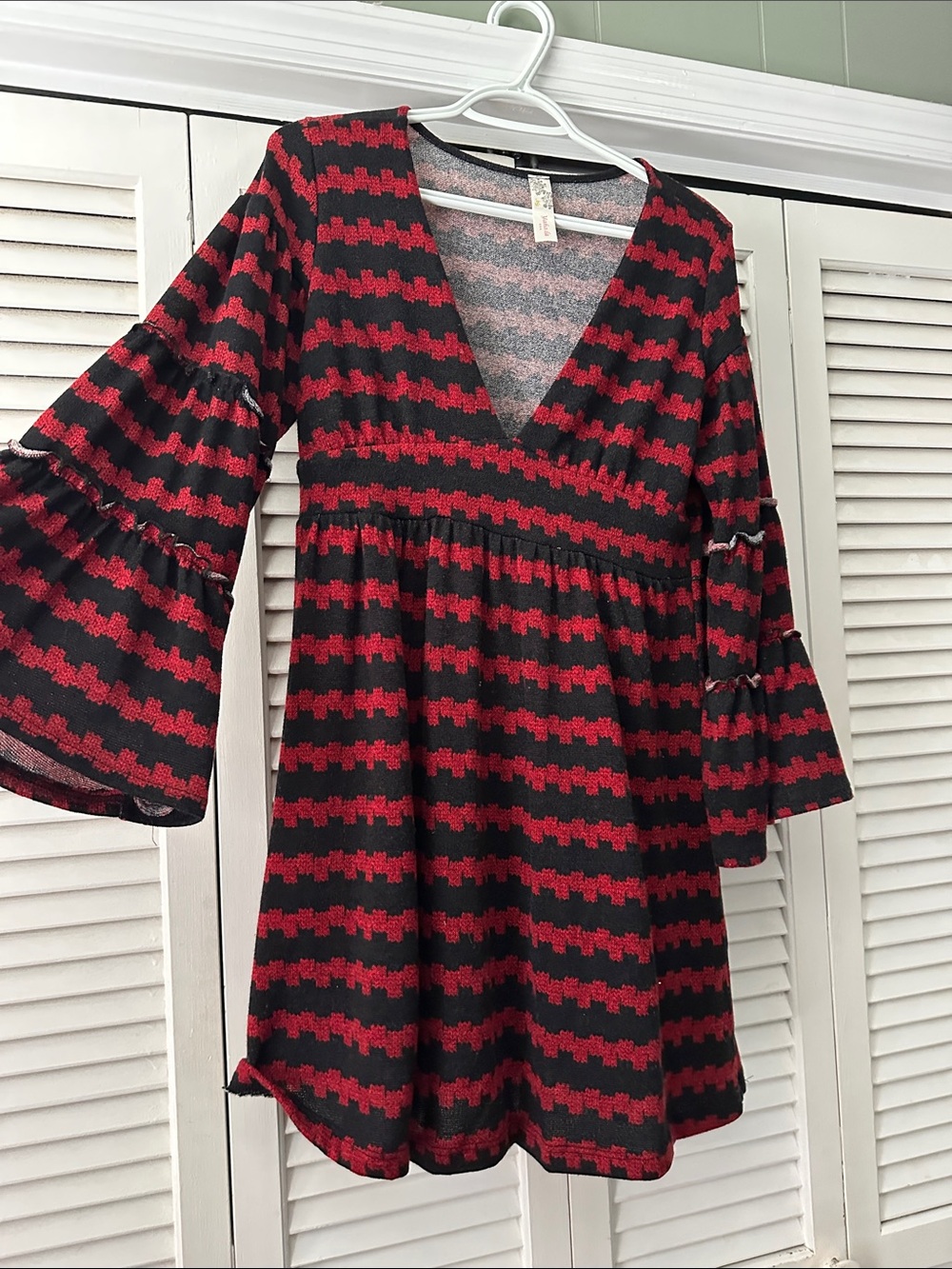 V-Neck Bell Sleeve Mini Dress in Red & Black